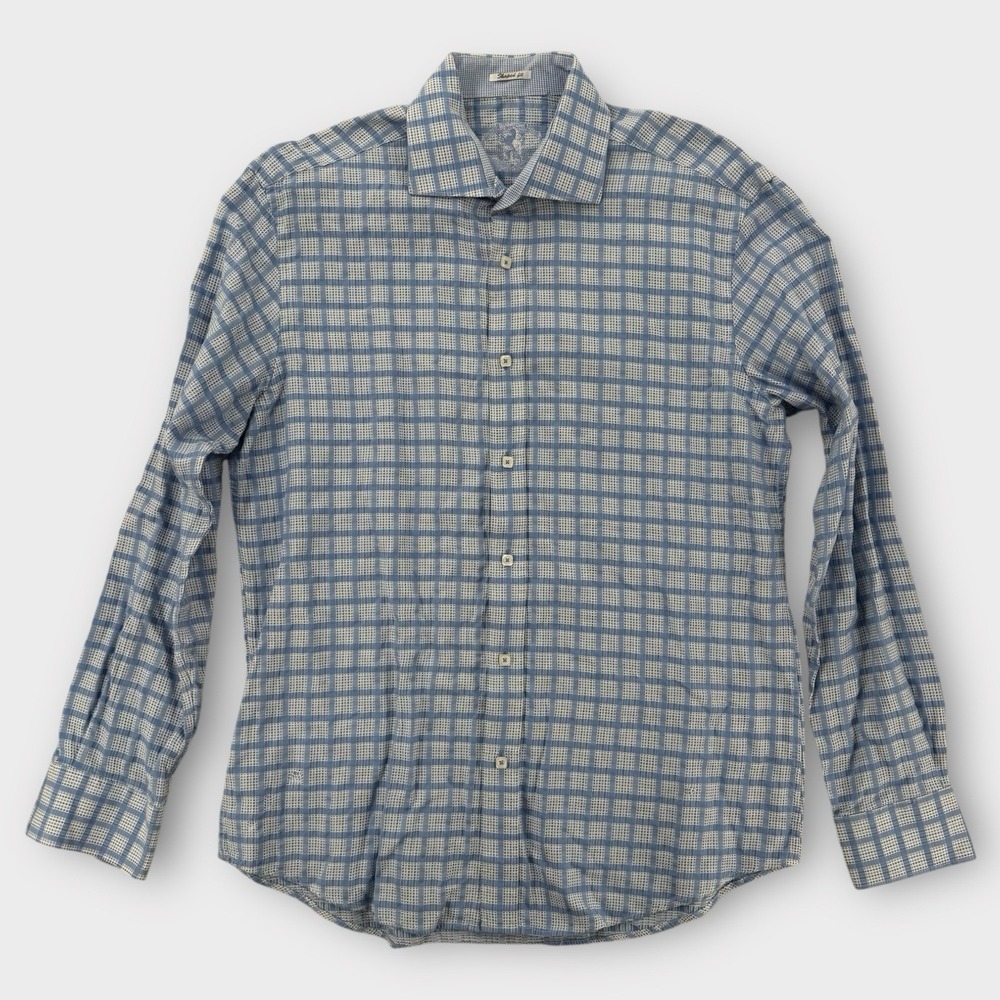 Bugatchi Shirt Mens Medium Button Down Shaped Fit Plaid LS Cotton Blue Italy